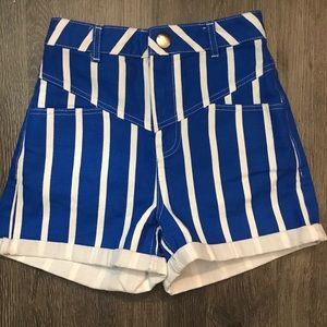Blue and White Striped High Waisted Mom Shorts